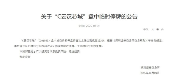 恒盈配资 C云汉芯城触发临停